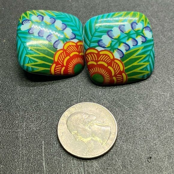 Vintage 1987 AVON Lucite Green Floral TROPICAL BEAUTY‎ Earrings Clip On - Picture 3 of 3